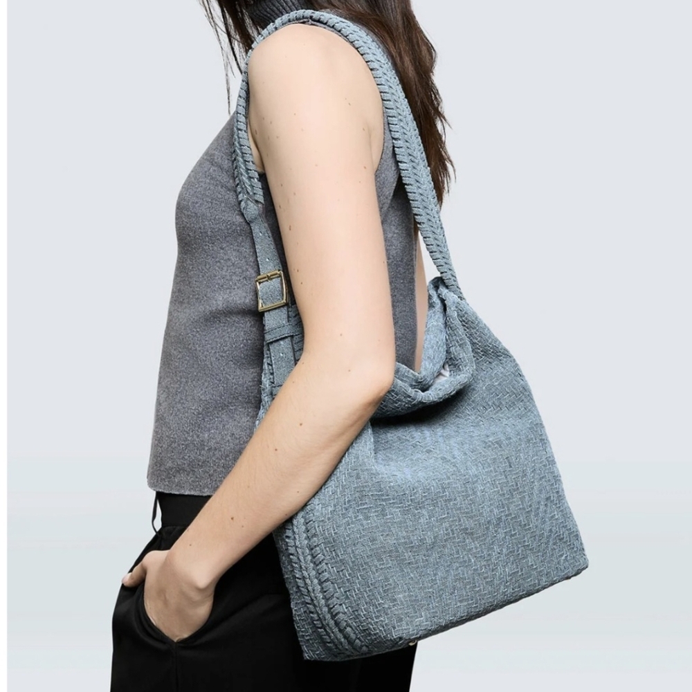 Aimee Kestenberg All For Love Woven Bucket Bag Shoulder Purse Denim Blue Gray